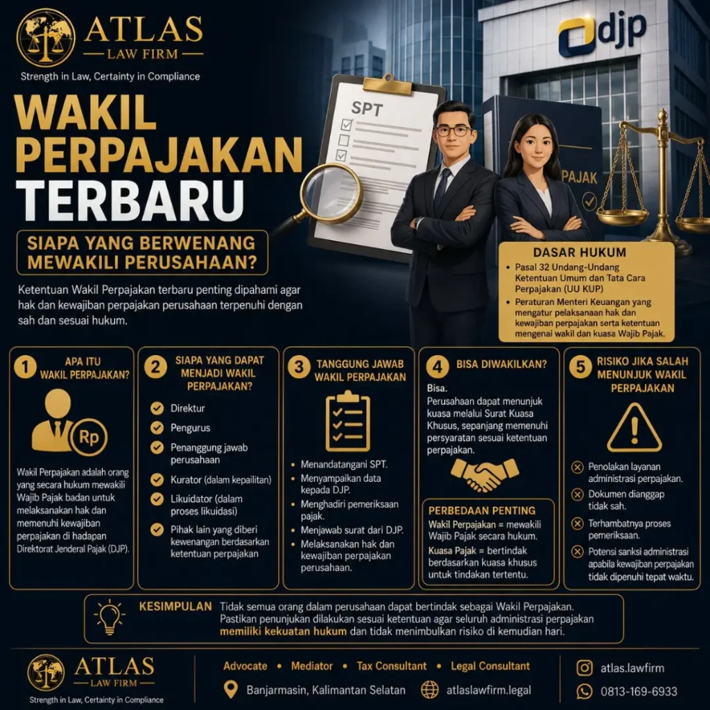 Infografik wakil wajib pajak badan dan kuasa perpajakan dari Atlas Law Firm